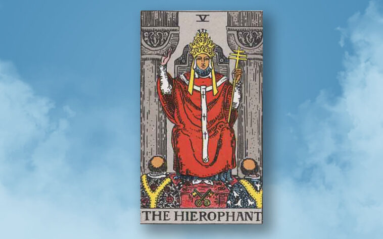 The Hierophant tarot card in a traditional upright position, symbolizing spiritual guidance and tradition